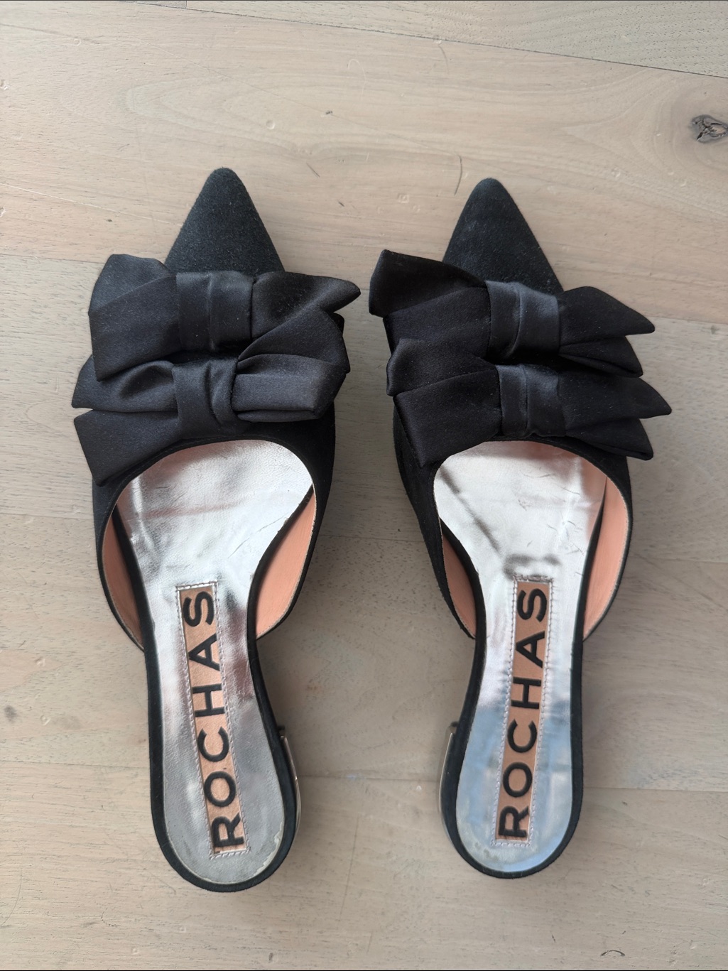 Rochas Black Suede Pointed-Toe Slip-On Bow Flat Mules